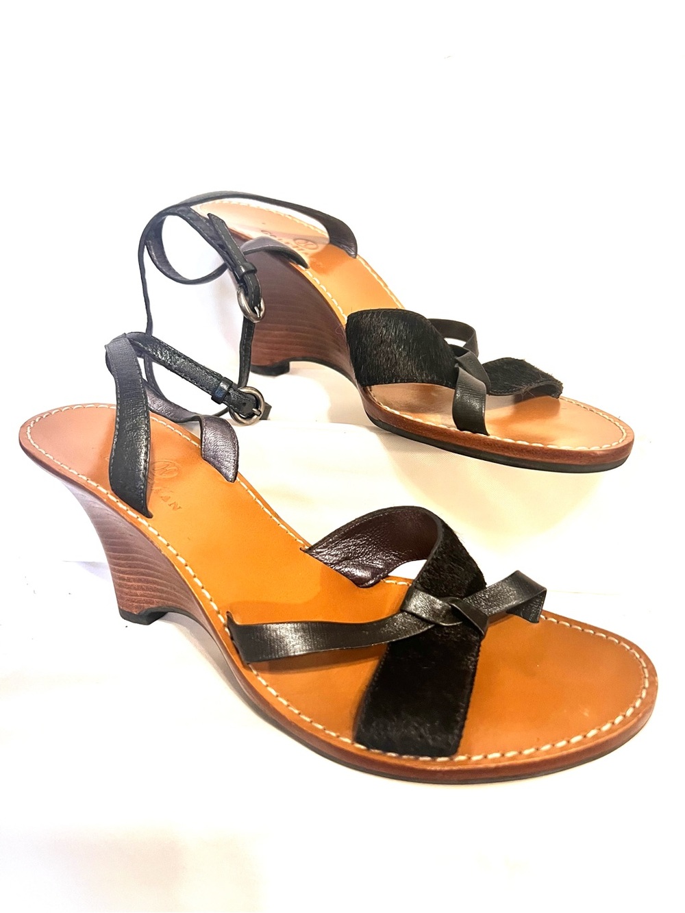 Cole Haan Black Leather & Haircalf Wedge Sandals